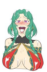 Rule 34 | 1girl, ahegao, blush, breasts, clothes, cum, cum on body, cum on breasts, cum on hair, cum on upper body, ear piercing, facial, fate/grand order, fate (series), female focus, green hair, highres, huge breasts, long hair, open mouth, piercing, purple eyes, salome (fate), solo, tongue, tongue out, twintails, ukaya masaru (artist)