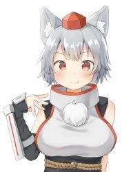 Rule 34 | 1girl, absurdres, animal ears, bare shoulders, blush, breasts, fang, hat, highres, inubashiri momiji, large breasts, light smile, looking at viewer, mamemochi, pom pom (clothes), red eyes, shirt, short hair, silver hair, simple background, skin fang, sleeveless, sleeveless shirt, solo, tokin hat, touhou, turtleneck, upper body, white background, white shirt, wolf ears