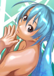 Rule 34 | 1girl, aqua hair, bare back, bare shoulders, black eyes, hatsune miku, long hair, looking back, own hands together, smile, solo, soon (c-u-soon), tattoo, twintails, vocaloid