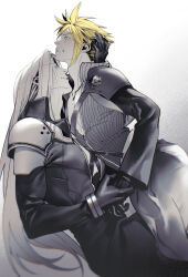 Rule 34 | 2boys, absurdres, armor, black gloves, blonde hair, blush, chinese commentary, cloud strife, final fantasy, final fantasy vii, final fantasy vii advent children, gloves, greyscale, highres, holding another&#039;s wrist, long hair, monochrome, multiple boys, neck, non-web source, pauldrons, sephiroth, short hair, shoulder armor, sweatdrop, white hair, xianyu314, yaoi