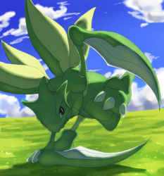 Rule 34 | black eyes, blue sky, claws, cloud, cloudy sky, creature, creatures (company), day, full body, game freak, gen 1 pokemon, grass, green theme, nintendo, no humans, outdoors, pinkgermy, pokemon, pokemon (creature), scyther, sky, solo