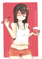 Rule 34 | 1girl, akagi (kancolle), belly, bowl, breasts, brown hair, chopsticks, cleavage, closed mouth, contrapposto, cowboy shot, food, food on face, glasses, holding, holding bowl, holding chopsticks, kantai collection, kion-kun, long hair, looking at viewer, medium breasts, midriff, navel, red-framed eyewear, red background, red shorts, rice, rice bowl, shirt, short shorts, shorts, simple background, skindentation, smile, solo, standing, twitter username, white shirt, wide-eyed, yellow eyes