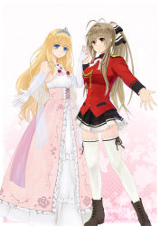 Rule 34 | 10s, 2girls, aiguillette, amagi brilliant park, antenna hair, bare shoulders, blind, blonde hair, blue eyes, blush, boots, breasts, brown eyes, brown hair, corset, cross, cross necklace, crown, dress, elbow gloves, full body, gloves, holding hands, interlocked fingers, jewelry, large breasts, latifa fleuranza, long dress, long hair, long sleeves, multiple girls, necklace, outstretched arm, outstretched hand, pink dress, pleated skirt, ponytail, princess, ribbon, sento isuzu, shoes, simple background, skirt, small breasts, standing, thighhighs, thighs, tiara, uniform, white background, white gloves, white legwear, yellow eyes, zettai ryouiki, zoom (artist)