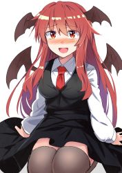 Rule 34 | 1girl, :d, arm support, black skirt, black vest, blouse, blush, breasts, commentary request, demon girl, demon wings, e.o., hair between eyes, head wings, highres, koakuma, long hair, long sleeves, looking at viewer, medium breasts, necktie, nose blush, one-hour drawing challenge, open mouth, red eyes, red hair, red necktie, see-through, see-through legwear, seiza, shirt, sidelocks, simple background, sitting, skirt, skirt set, smile, solo, thighhighs, thighs, touhou, very long hair, vest, white background, white shirt, wings