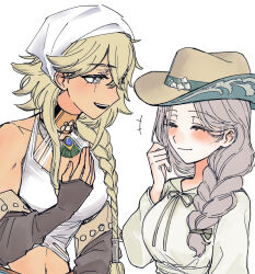 +++ 2girls :d ^_^ argus_(reverse:1999) bare_shoulders blonde_hair blush braid brown_hat brown_sleeves closed_eyes closed_mouth detached_sleeves dress facing_another grey_eyes grey_hair hair_over_shoulder hand_up hat headscarf headwear_switch highres ioi_33333 kayla_(reverse:1999) long_braid long_hair looking_at_another midriff multiple_girls navel open_mouth reverse:1999 scar scar_across_eye single_braid smile tank_top upper_body white_background white_dress white_tank_top