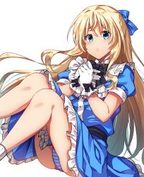 Rule 34 | 1girl, alternate costume, ass, belt, black belt, black bow, blonde hair, blue bow, blue panties, blush, bow, frills, glove bow, gloves, goblin slayer!, grey background, hair bow, highres, kankitukou, long hair, panties, priestess (goblin slayer!), puffy short sleeves, puffy sleeves, short sleeves, simple background, solo, striped clothes, striped panties, teeth, underwear, white gloves