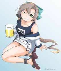 Rule 34 | 1girl, absurdres, akigumo (kancolle), alcohol, beer, beer mug, black one-piece swimsuit, blue background, brown hair, commentary request, cup, dova, drawstring, gradient background, green eyes, hair ribbon, highres, hood, hooded jacket, hoodie, jacket, kantai collection, long hair, mug, name tag, one-piece swimsuit, ponytail, ribbon, rudder footwear, sandals, school swimsuit, sitting, solo, swimsuit, twitter username, wariza, white jacket, yukikaze (kancolle)