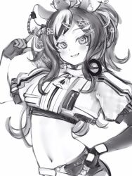 Rule 34 | 1girl, absurdres, animal ears, contrapposto, crop top, earclip, gloves, greyscale, grin, hair ornament, hairclip, hakos baelz, hakos baelz (casual), hand on own hip, highres, hololive, hololive english, index finger raised, layered sleeves, long hair, long sleeves, looking at viewer, midriff, monochrome, mouse ears, multicolored hair, nanashi (nlo), navel, official alternate costume, puffy short sleeves, puffy sleeves, sharp teeth, short over long sleeves, short sleeves, simple background, smile, solo, star (symbol), star hair ornament, teeth, upper body, virtual youtuber