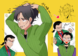 Rule 34 | 3boys, black hair, black shirt, blue necktie, blush, closed mouth, collared shirt, commentary request, facial scar, formal, frown, gin to kin, green jacket, green sweater, hair tie in mouth, highres, hirai ginji, inudori, itou kaiji, jacket, kaiji, low ponytail, male focus, medium bangs, morita tetsuo, mouth hold, multiple boys, necktie, open mouth, red shirt, scar, scar on cheek, scar on ear, scar on face, shirt, short hair, smile, sparkle, suit, sweater, translation request, tying hair, upper body, yellow background, zipper