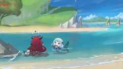 Rule 34 | 2girls, beach, bite mark, blue eyes, blue hair, blue hoodie, blunt bangs, chibi, cliff, commentary, english commentary, fins, fish tail, gawr gura, grass, hair ornament, highres, hololive, hololive english, hood, hoodie, horns, in water, irys (hololive), landscape, long hair, long sleeves, medium hair, multicolored hair, multiple girls, nature, ocean, open mouth, paintrfiend, red hair, rock, sand, shark girl, shark hair ornament, shark tail, sharp teeth, silver hair, sky, sleeves past wrists, sloud, streaked hair, tail, teeth, tree, two side up, very long hair, virtual youtuber, water, wide sleeves, wings