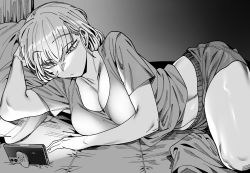 Rule 34 | 1girl, asuna (blue archive), blue archive, breasts, casual, cellphone, cleavage, greyscale, highres, large breasts, long hair, monochrome, navel, on bed, phone, shirt, shorts, smartphone, solo, t-shirt, thighs, urec