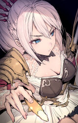Rule 34 | 1girl, armor, black background, blue eyes, braid, breasts, cleavage, closed mouth, dress, from above, hair ornament, haoni, highres, holding, large breasts, long hair, ponytail, shionne (tales), shoulder armor, simple background, solo, tales of (series), tales of arise, white dress, white hair