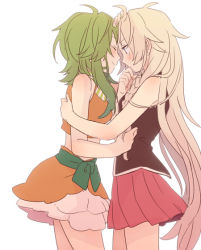 Rule 34 | 2girls, ^ ^, akiyoshi (tama-pete), antenna hair, bare arms, bare shoulders, black shirt, blush, braid, closed eyes, cowboy shot, earrings, closed eyes, face-to-face, forehead-to-forehead, frilled skirt, frills, green hair, green nails, green ribbon, gumi, hand on another&#039;s back, hand on another&#039;s head, happy, heads together, ia (vocaloid), jewelry, long hair, looking at another, multiple girls, nail polish, orange shirt, pink nails, pink skirt, profile, ribbon, shirt, short hair, short hair with long locks, shy, simple background, skirt, sleeveless, sleeveless shirt, smile, standing, thighs, upper body, vocaloid, white background, white hair