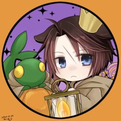 Rule 34 | 1boy, animal ears, blue eyes, brown hair, brown robe, candy, cat ears, chibi, cosplay, crown, dated, expressionless, final fantasy, final fantasy viii, fire, food, halloween, halloween costume, hands up, hiryuu (kana h), holding, holding lantern, hooded robe, lantern, leaning forward, lollipop, looking to the side, lowres, male focus, mini crown, orange background, pumpkin, purple background, robe, scar, scar on face, short hair, signature, sparkle, squall leonhart, tonberry, tonberry (cosplay), upper body, wrapped candy, yellow eyes