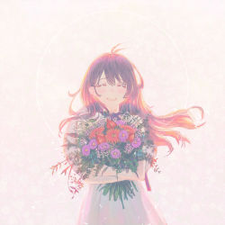 Rule 34 | 1girl, :d, antenna hair, blush, brown hair, crossed arms, dress, closed eyes, flower, hat on back, highres, holding, holding flower, long hair, open mouth, original, purple flower, smile, solo, tearing up, tokiki (tomok1), upper body, white dress, |d