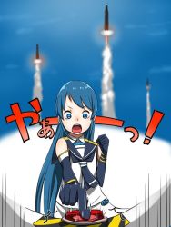 Rule 34 | 1girl, bare shoulders, blue eyes, blue hair, clenched hand, commentary request, elbow gloves, gloves, kantai collection, long hair, missile, open mouth, red button, samidare (kancolle), school uniform, serafuku, sky, solo, translation request, yoohei (pizzadev)