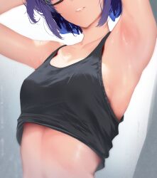 Rule 34 | 1girl, a-chan (hololive), alternate costume, armpits, arms up, black-framed eyewear, black tank top, blue hair, breasts, cohi27151463, commentary, facing viewer, glasses, head out of frame, highres, hololive, lips, parted lips, short hair, sideboob, small breasts, solo, stomach, tank top, upper body, virtual youtuber