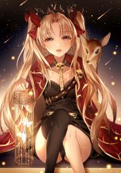 Rule 34 | 1girl, :d, absurdres, animal, bad id, bad pixiv id, birdcage, black dress, black thighhighs, blonde hair, bow, breasts, bug, butterfly, cage, collarbone, commentary request, deer, dress, earrings, ereshkigal (fate), fate/grand order, fate (series), full moon, hair bow, highres, holding, insect, jewelry, junpaku karen, long hair, looking at viewer, moon, night, night sky, open mouth, outdoors, red bow, red eyes, revision, single thighhigh, skull, sky, smile, solo, spine, star (sky), starry sky, thighhighs, tohsaka rin, two side up, very long hair