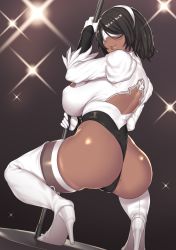 Rule 34 | 1girl, 2p (nier:automata), ass, aster crowley, black hair, blindfold, boots, breasts, cleavage cutout, cleft of venus, clothing cutout, dark-skinned female, dark skin, female focus, from behind, gloves, high heel boots, high heels, highres, huge ass, large breasts, leotard, looking at viewer, mole, mole on ass, nier:automata, nier (series), pole, pole dancing, shiny skin, short hair, sideboob, skin tight, smile, solo, stripper pole, thigh boots, thighhighs, thong, thong leotard, white thighhighs