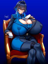 Rule 34 | 1girl, alternate breast size, black hair, blue background, blue eyes, blue hair, breasts, chair, cleavage cutout, clothing cutout, covered erect nipples, cowboy shot, crossed legs, evil smile, gigantic breasts, gloves, gradient background, hair intakes, hololive, hololive english, huge breasts, long sleeves, military, miniskirt, multicolored hair, necktie, ouro kronii, ryusuke kh, simple background, sitting, skirt, smile, solo, thighhighs, two-tone hair, virtual youtuber, white gloves