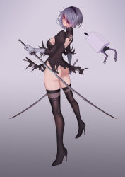 Rule 34 | 1girl, absurdres, back cutout, black dress, black footwear, black hairband, blindfold, boots, breasts, cleavage, cleavage cutout, clothing cutout, dress, dual wielding, feather-trimmed sleeves, full body, gloves, hair over one eye, hairband, high heel boots, high heels, highres, holding, juliet sleeves, katana, large breasts, leotard, long sleeves, looking at viewer, looking back, nier (series), nier:automata, one eye covered, pod (nier:automata), puffy long sleeves, puffy sleeves, red eyes, silver hair, solo, standing, sword, thigh boots, thighhighs, thighhighs under boots, thong, torn clothes, torn dress, weapon, white gloves, white leotard, 2b (nier:automata), yun lin