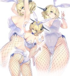 1girl animal_ears armpits arms_up ass blonde_hair blue_eyes braid breasts cameltoe colorado_(kancolle) crown_braid fake_animal_ears fake_tail fishnet_pantyhose fishnets headgear high_heels highleg highleg_leotard highres kantai_collection kiyama_satoshi large_breasts leotard looking_at_viewer multiple_views pantyhose playboy_bunny rabbit_ears rabbit_tail short_hair tail v white_background white_footwear white_leotard white_wrist_cuffs wrist_cuffs