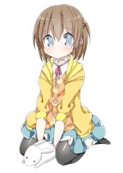 Rule 34 | 1girl, absurdres, animal, between legs, black pantyhose, blue eyes, blue skirt, blush, brown hair, closed mouth, commentary request, hair between eyes, hamada pengin, hand between legs, highres, hood, hood down, hooded jacket, jacket, long hair, looking at viewer, neck ribbon, no shoes, one side up, open clothes, open jacket, orange vest, original, pantyhose, pink ribbon, pleated skirt, polka dot, rabbit, ribbon, seiza, shirt, simple background, sitting, skirt, solo, vest, white background, white shirt, yellow jacket