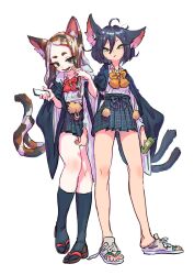 Rule 34 | 1girl, animal ear fluff, animal ears, black hair, brown hair, calico, cat ears, cat tail, cellphone, collared shirt, commentary request, full body, gyaru, hair between eyes, highres, jonpei, kneehighs, long hair, looking at viewer, miniskirt, multicolored hair, multiple tails, nekomata, no socks, original, phone, pleated skirt, pom pom (clothes), rope, sandals, shirt, shirt tucked in, short eyebrows, short hair, simple background, sketch, skirt, smartphone, smile, socks, solo, tabi, tail, tassel, two tails, whiskers, white background, white hair, white shirt, wide sleeves, zouri