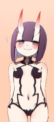 Rule 34 | 1girl, blush, breasts, cowboy shot, esu (transc), fang, fate/grand order, fate (series), horns, looking at viewer, navel, oni, purple eyes, purple hair, revealing clothes, short hair, shuten douji (fate), simple background, skin-covered horns, small breasts, smile, solo