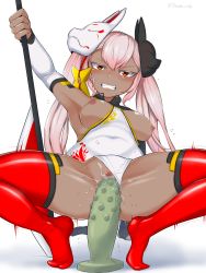 Rule 34 | 1girl, absurdres, axe, blade ride, breasts, breasts out, clenched teeth, dark-skinned female, dark skin, dildo, dildo riding, female masturbation, fire emblem, fire emblem heroes, highres, holding, holding axe, laevatein (fire emblem), long hair, mask, mask on head, masturbation, ninja, nintendo, nipples, pink hair, pussy, red eyes, red thighhighs, sex toy, solo, spread legs, squatting, teeth, thighhighs, twintails, twitter username