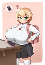 Rule 34 | 1girl, :t, ?, absurdres, backpack, bag, blonde hair, blush, border, breasts, character request, closed mouth, commentary request, copyright request, green eyes, heart, heart necklace, highres, huge breasts, ichika (ichika manga), jewelry, long sleeves, looking at viewer, medium hair, necklace, outside border, pink background, pleated skirt, randoseru, shortstack, simple background, skirt, solo, speech bubble, spoken object, sweatdrop, thighhighs, tsurime, white border