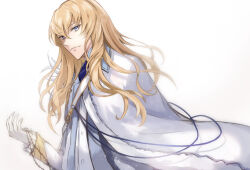 Rule 34 | 1boy, blonde hair, cape, chain, clock, commentary, fate/grand order, fate (series), feathers, formal, gloves, hair between eyes, holding, jacket, kirschtaria wodime, long hair, looking at viewer, male focus, shirt, simple background, suit, touchika, upper body, vest, white background, white gloves, white jacket, white shirt, white suit, white vest
