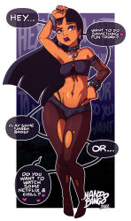 Rule 34 | 1girl, artist name, black choker, black hair, black nails, border, chel (the road to el dorado), choker, dark-skinned female, dark skin, dated, english text, goth fashion, hand on own hip, heart, highres, jewelry, lip ring, long hair, looking at viewer, nandoroid, native american, panty straps, pantyhose, solo, speech bubble, the road to el dorado, torn clothes, torn pantyhose, watermark, white border