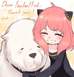 1girl ^_^ ahoge animal anya_(spy_x_family) black_dress blush bond_(spy_x_family) bow bowtie child closed_eyes commentary_request commission dog dress hairpods hug medium_hair naoi_retsu pink_hair skeb_commission smile spy_x_family thank_you