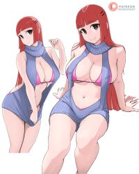 Rule 34 | 1girl, absurdres, aki-chan (dismaiden), artist name, backless outfit, bare shoulders, bikini, blunt bangs, breasts, brown eyes, cleavage, cleavage cutout, clothes pull, clothing cutout, dismaiden, hair ornament, hairclip, highres, large breasts, long hair, looking at viewer, meme attire, midriff, multiple views, navel, navel cutout, original, patreon logo, patreon username, pink bikini, red hair, ribbed sweater, simple background, sitting, skindentation, sleeveless, sleeveless turtleneck, solo, string bikini, sweater, swimsuit, turtleneck, virgin killer sweater, white background