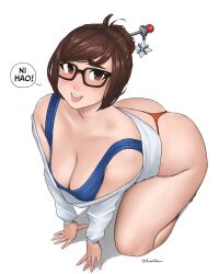 Rule 34 | 1girl, :d, absurdres, all fours, ass, blue tank top, breasts, brown eyes, brown hair, cleavage, curvy, dismaiden, full body, glasses, hair bun, hair ornament, hair stick, highres, large breasts, looking up, mei (overwatch), open mouth, overwatch, panties, red panties, shirt, smile, solo, speech bubble, tank top, thighs, thong, underwear, white shirt