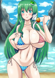 Rule 34 | 1girl, american flag bikini, american flag print, bad id, bad pixiv id, bare shoulders, bikini, blurry, blush, breasts, cleavage, collarbone, commentary request, contrapposto, cowboy shot, depth of field, flag print, frog hair ornament, gluteal fold, green eyes, green hair, hai ookami, hair ornament, hair tubes, kochiya sanae, large breasts, long hair, looking at viewer, lotion, lotion bottle, matching hair/eyes, navel, panties, print bikini, side-tie panties, skindentation, smile, snake hair ornament, solo, standing, swimsuit, touhou, underwear