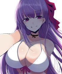 1girl bare_shoulders bb_(fate) bb_(fate/extra) bikini blush breasts choker cleavage collarbone fate/extra fate/extra_ccc fate_(series) grin hair_ribbon han_(jackpot) large_breasts long_hair looking_at_viewer outstretched_arm purple_eyes purple_hair ribbon selfie simple_background smile swimsuit very_long_hair white_background white_bikini