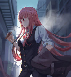 Rule 34 | 1girl, alley, black nails, blowing smoke, breasts, cigar, commentary, english commentary, highres, holding, holding cigar, hololive, hololive english, icewind0223, long hair, mori calliope, nail polish, outdoors, purple hair, red eyes, virtual youtuber