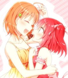 Rule 34 | 10s, 2girls, :d, ^ ^, ahoge, aqua eyes, arm around back, arm garter, bow, bowtie, chocolate, clenched hand, closed eyes, clover hair ornament, dress, face-to-face, feeding, hair bow, hair ornament, kurosawa ruby, love live!, love live! sunshine!!, multiple girls, nyakelap, open mouth, orange hair, pink bow, pink bowtie, red dress, sash, smile, takami chika, two side up, upper body, yellow dress, yuri