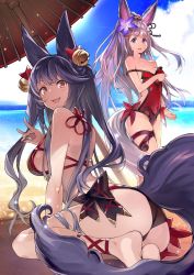 Rule 34 | 2girls, :d, adapted costume, alternate costume, animal ears, arm at side, bare shoulders, barefoot, beach, bikini, black bikini, blue eyes, blue hair, blue sky, breasts, covered navel, day, erune, fang, flower, fox shadow puppet, granblue fantasy, hair flower, hair ornament, hair ribbon, halterneck, horizon, leaning forward, long hair, looking at viewer, medium breasts, multiple girls, oil-paper umbrella, one-piece swimsuit, open mouth, outdoors, red eyes, red one-piece swimsuit, ribbon, sideboob, sidelocks, sitting, sky, smile, societte (granblue fantasy), super zombie, sweatdrop, swimsuit, tail, thigh strap, twintails, umbrella, very long hair, yuel (granblue fantasy)