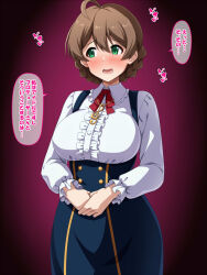 Rule 34 | 1girl, ahoge, averting eyes, blush, bow, bowtie, breasts, brown hair, center frills, commentary request, double-parted bangs, facing viewer, framed breasts, frilled shirt, frilled shirt collar, frills, full-face blush, green eyes, hair between eyes, high-waist skirt, highres, idolmaster, idolmaster million live!, instant loss, large breasts, long skirt, long sleeves, mei ichi, nape braid, paid reward available, red bow, red bowtie, sakuramori kaori, shirt, short hair, skirt, suspender skirt, suspenders, sweatdrop, translation request, white shirt