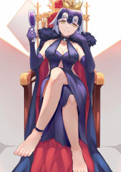 Rule 34 | 1girl, ahoge, ankle strap, arm support, bare legs, bare shoulders, barefoot, breasts, cape, cleavage, collarbone, colored eyelashes, cross, crossed legs, crown, cup, donggua bing cha, dress, drink, elbow gloves, fate/grand order, fate (series), feet, fur-trimmed cape, fur trim, gloves, hand on own cheek, hand on own face, headpiece, highres, holding, holding cup, jeanne d&#039;arc (fate), jeanne d&#039;arc alter (avenger) (fate), jeanne d&#039;arc alter (fate), medium breasts, midriff, parted lips, purple cape, purple dress, purple gloves, short hair, silver hair, sitting, solo, throne, yellow eyes