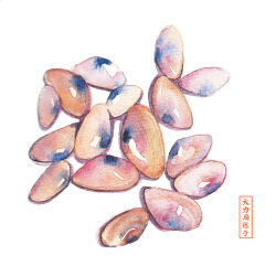 Rule 34 | 392610595, artist name, clam, commentary request, food, food focus, highres, no humans, original, painting (medium), shadow, simple background, still life, traditional media, watercolor (medium), white background