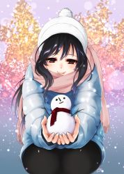 Rule 34 | 1girl, artist name, black eyes, black hair, black pants, blue coat, bobblehat, casual, closed mouth, coat, commentary, day, fringe trim, girls und panzer, half-closed eyes, highres, holding, isuzu hana, long hair, long sleeves, looking at viewer, outdoors, pants, pink scarf, scarf, signature, smile, snow, snowman, solo, squatting, umxzo, white headwear, winter clothes