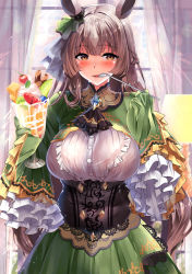 Rule 34 | 1girl, animal ears, blush, bra visible through clothes, braid, breasts, brown eyes, brown hair, buttons, cherry, curtains, dress, food, frilled sleeves, frills, fruit, green dress, half updo, highres, horse ears, horse girl, kawai (purplrpouni), kiwi (fruit), kiwi slice, large breasts, long hair, looking at viewer, open mouth, parfait, pineapple, satono diamond (umamusume), sleeves past fingers, sleeves past wrists, solo, spoon, tongue, tongue out, umamusume, upper body, utensil in mouth, wide sleeves, window