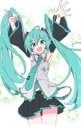Rule 34 | 1girl, :d, aqua eyes, aqua hair, aqua necktie, arms up, black skirt, black sleeves, detached sleeves, hatsune miku, ixy, long hair, looking at viewer, navel, necktie, open mouth, skirt, smile, solo, thighs, twintails, vocaloid