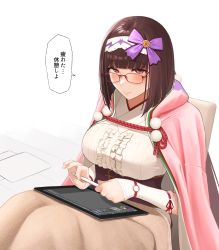 Rule 34 | 1girl, absurdres, bad id, bad pixiv id, blanket, blush, breasts, brown hair, center frills, chair, cloak, detached sleeves, fate/grand order, fate (series), frills, glasses, hairband, hibinpo, highres, hood, hoodie, large breasts, long hair, looking at viewer, osakabehime (fate), penetration gesture, pink cloak, purple eyes, sitting, smile, solo, speech bubble, stylus, tablet pc, translation request, underbust, very long hair
