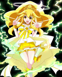 Rule 34 | 10s, 1girl, bike shorts, bike shorts under skirt, black background, blonde hair, boots, bow, choker, crown, cure peace, cure peace (princess form), double v, dress, electricity, full body, hair flaps, halo, highres, kise yayoi, kotuzui yositune, long hair, magical girl, precure, ribbon, shorts, shorts under skirt, skirt, smile, smile precure!, solo, standing, standing on one leg, v, yellow bow, yellow dress, yellow eyes, yellow shorts, yellow skirt, yellow theme