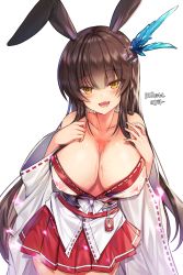 Rule 34 | 1girl, :d, animal ears, artist name, bad id, bad pixiv id, blush, bow, breasts, brown hair, cleavage, collarbone, commentary request, commission, covered erect nipples, cowboy shot, fangs, hair ornament, head tilt, highres, japanese clothes, kimono, korean commentary, large breasts, long hair, long sleeves, looking at viewer, maett, miniskirt, nipples, obi, off shoulder, open clothes, open kimono, open mouth, pleated skirt, rabbit ears, rabbit girl, red skirt, ribbon-trimmed sleeves, ribbon trim, sash, see-through, simple background, skirt, smile, solo, very long hair, water, wet kimono, white background, white bow, white kimono, wide sleeves, yellow eyes